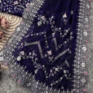 Royal Blue Embroidered Blouse Piece with Intricate Mirror, Sequin & Floral Threadwork – Ready-to-Stitch Fabric for Sarees & Festive Ethnic Wear