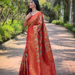 Women's Luxurious Pista Green & Pink Art Silk Saree with Intricate Leaf Weave & Broad Zari Border – Ideal for Festive & Wedding Occasions