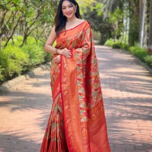 Women's Luxurious Pista Green & Pink Art Silk Saree with Intricate Leaf Weave & Broad Zari Border – Ideal for Festive & Wedding Occasions