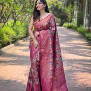 Women's Luxurious Pista Green & Pink Art Silk Saree with Intricate Leaf Weave & Broad Zari Border – Ideal for Festive & Wedding Occasions