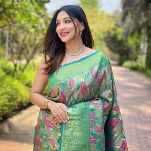 Women's Luxurious Pista Green & Pink Art Silk Saree with Intricate Leaf Weave & Broad Zari Border – Ideal for Festive & Wedding Occasions