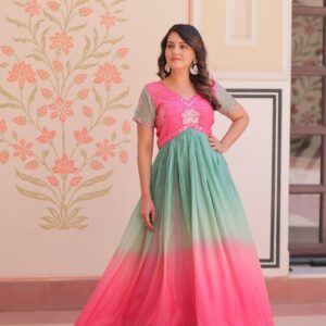 Women's Dual-Tone Ombre Gown in Candy Pink & Aqua Green with Embroidered Bodice – Festive & Contemporary Wear