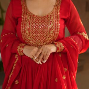 Women's Radiant Red Anarkali Suit Set with Golden Zari & Sequin Embroidery – Perfect for Festive & Wedding Occasions