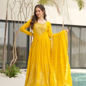 Women's Radiant Red Anarkali Suit Set with Golden Zari & Sequin Embroidery – Perfect for Festive & Wedding Occasions