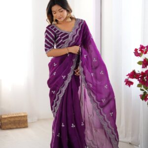 Women's Elegant Regal Purple Georgette Saree with Intricate Silver Thread & Sequin Embroidery – Complete with Embellished Blouse Piece for Festive & Party Wear