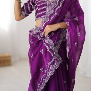 Women's Elegant Regal Purple Georgette Saree with Intricate Silver Thread & Sequin Embroidery – Complete with Embellished Blouse Piece for Festive & Party Wear