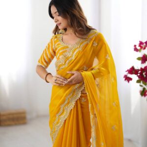 Women's Elegant Regal Purple Georgette Saree with Intricate Silver Thread & Sequin Embroidery – Complete with Embellished Blouse Piece for Festive & Party Wear