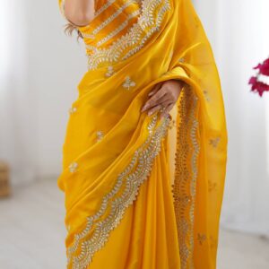 Women's Elegant Regal Purple Georgette Saree with Intricate Silver Thread & Sequin Embroidery – Complete with Embellished Blouse Piece for Festive & Party Wear