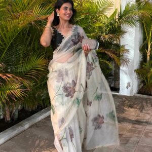 Women's Exquisite Lavender & White Organza Saree with Hand-Painted Lotus Floral Motifs & Gold Embellished Border – Complete with Matching Printed Blouse for Festive & Special Occasions