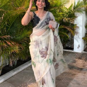Women's Exquisite Lavender & White Organza Saree with Hand-Painted Lotus Floral Motifs & Gold Embellished Border – Complete with Matching Printed Blouse for Festive & Special Occasions