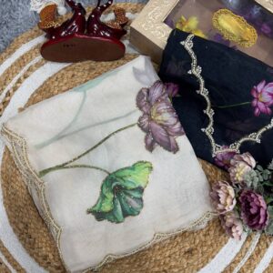 Women's Exquisite Lavender & White Organza Saree with Hand-Painted Lotus Floral Motifs & Gold Embellished Border – Complete with Matching Printed Blouse for Festive & Special Occasions