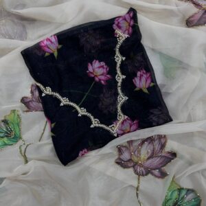 Women's Exquisite Lavender & White Organza Saree with Hand-Painted Lotus Floral Motifs & Gold Embellished Border – Complete with Matching Printed Blouse for Festive & Special Occasions