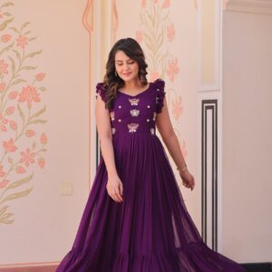 Women's Elegant Plum Purple Georgette Anarkali Gown with Butterfly Applique & Ruffle Sleeves – Festive & Special Occasion Wear