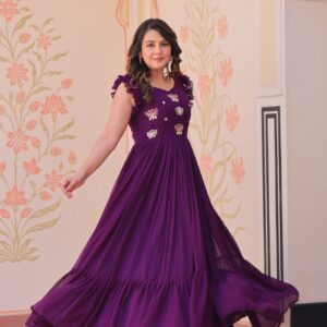 Women's Elegant Plum Purple Georgette Anarkali Gown with Butterfly Applique & Ruffle Sleeves – Festive & Special Occasion Wear