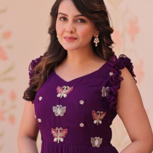 Women's Elegant Plum Purple Georgette Anarkali Gown with Butterfly Applique & Ruffle Sleeves – Festive & Special Occasion Wear