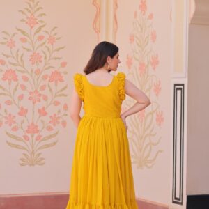 Women's Elegant Plum Purple Georgette Anarkali Gown with Butterfly Applique & Ruffle Sleeves – Festive & Special Occasion Wear