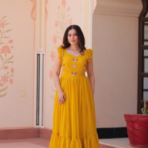 Women's Elegant Plum Purple Georgette Anarkali Gown with Butterfly Applique & Ruffle Sleeves – Festive & Special Occasion Wear