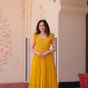 Women's Elegant Plum Purple Georgette Anarkali Gown with Butterfly Applique & Ruffle Sleeves – Festive & Special Occasion Wear