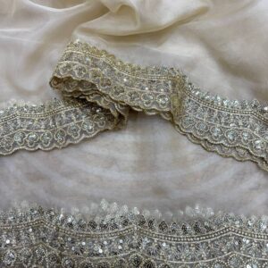 Luxurious Ivory Organza Dupatta with Heavy Golden Sequin & Zari Cutwork Border – Perfect for Weddings & Festive Layering