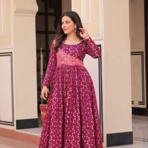Women's Festive Berry Purple Printed Anarkali Gown with Intricate Zari Work & Embellished Yoke – Perfect for Traditional & Celebration Wear