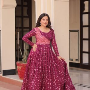 Women's Festive Berry Purple Printed Anarkali Gown with Intricate Zari Work & Embellished Yoke – Perfect for Traditional & Celebration Wear