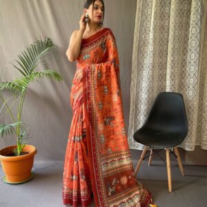 Women's Artistic Terracotta Orange Linen Saree with Kalamkari Inspired Print & Tassel Detailing – Perfect for Casual Festivities & Cultural Events