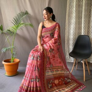 Women's Artistic Terracotta Orange Linen Saree with Kalamkari Inspired Print & Tassel Detailing – Perfect for Casual Festivities & Cultural Events