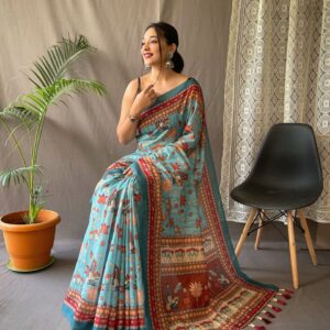 Women's Artistic Terracotta Orange Linen Saree with Kalamkari Inspired Print & Tassel Detailing – Perfect for Casual Festivities & Cultural Events