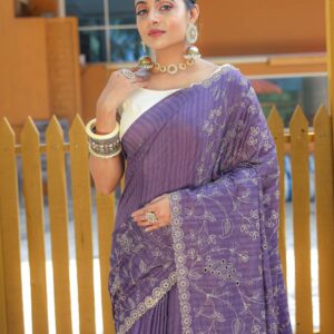 Women's Royal Prussian Blue Georgette Saree with Intricate Silver Thread & Mirror Work Embroidery – Perfect for Festive & Wedding Celebrations