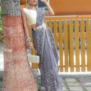 Women's Royal Prussian Blue Georgette Saree with Intricate Silver Thread & Mirror Work Embroidery – Perfect for Festive & Wedding Celebrations