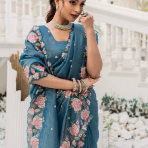 Women's Pristine White Organza Saree with Exquisite Pink & Green Floral Thread Embroidery – Complete with Matching Embroidered Blouse for Festive & Summer Wear