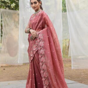 Women's Pristine White Organza Saree with Exquisite Pink & Green Floral Thread Embroidery – Complete with Matching Embroidered Blouse for Festive & Summer Wear