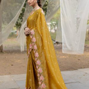 Women's Pristine White Organza Saree with Exquisite Pink & Green Floral Thread Embroidery – Complete with Matching Embroidered Blouse for Festive & Summer Wear