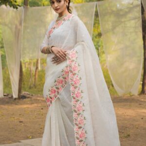 Women's Pristine White Organza Saree with Exquisite Pink & Green Floral Thread Embroidery – Complete with Matching Embroidered Blouse for Festive & Summer Wear