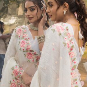 Women's Pristine White Organza Saree with Exquisite Pink & Green Floral Thread Embroidery – Complete with Matching Embroidered Blouse for Festive & Summer Wear