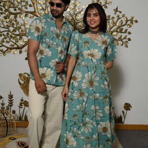 Couple Matching Teal-Blue floral Printed Cotton Anarkali Midi Dress & Shirt Set ? Summer Casual Wear