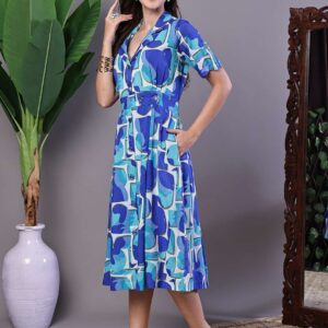 Women's Blue Abstract Print Cotton Shirt Dress