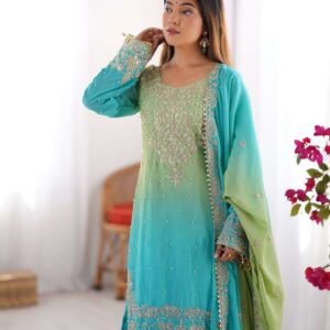 Women's Chinon Silk Sequence With Rivet Moti Work Straight Kurta With Sharara and Dupatta Set