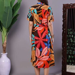 Women's Leaf Print Button-Down Cotton Midi Dress