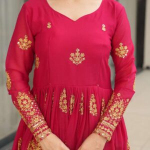 Women’s Ethnic Anarkali Style Floor-Length Gown in Magenta with Golden Zari Embroidery – Festive & Wedding Wear