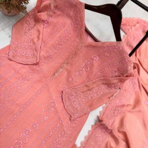 Women's Chinon Silk with Cotton Thread Embroidery Straight Kurti With Pant and Dupatta set