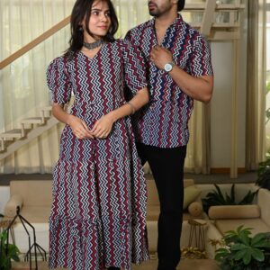 Couple Matching Navy Blue & Red Zigzag Cotton Anarkali Midi Dress and Shirt Set