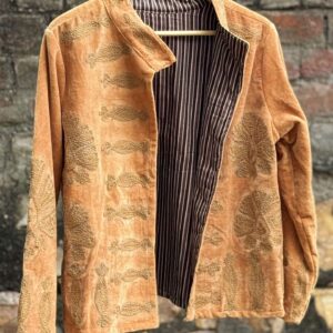 Womens Gold Velvet Embroidered Jacket with Floral Design