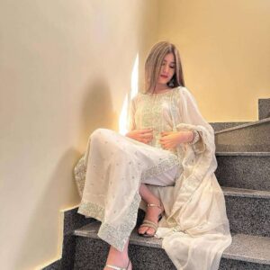 Women's Georgette Embroidery Sequence Work with Rivet Moti Work Straight Kurti With Pant and Dupatta Set