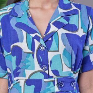 Women's Blue Abstract Print Cotton Shirt Dress