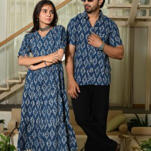 Couple Matching Blue Ikat Print Cotton Anarkali Midi Dress and Shirt Set