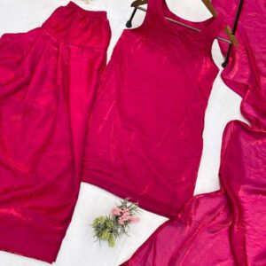 Women's Fendi Silk Solid Semi Stitched Sleeveless Kurti With Salwar and Dupatta set