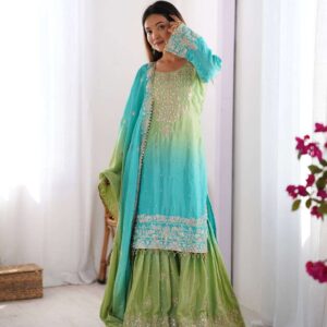 Women's Chinon Silk Sequence With Rivet Moti Work Straight Kurta With Sharara and Dupatta Set
