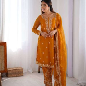 Women's Georgette Embroidery Straight Kurti with Pant And Dupatta Set