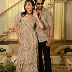 Couple Matching Beige Cotton Anarkali Midi Dress and Shirt Set ? Swirl Block Print
